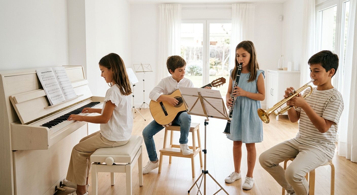 Estudiantes aprendiendo piano con una partitura