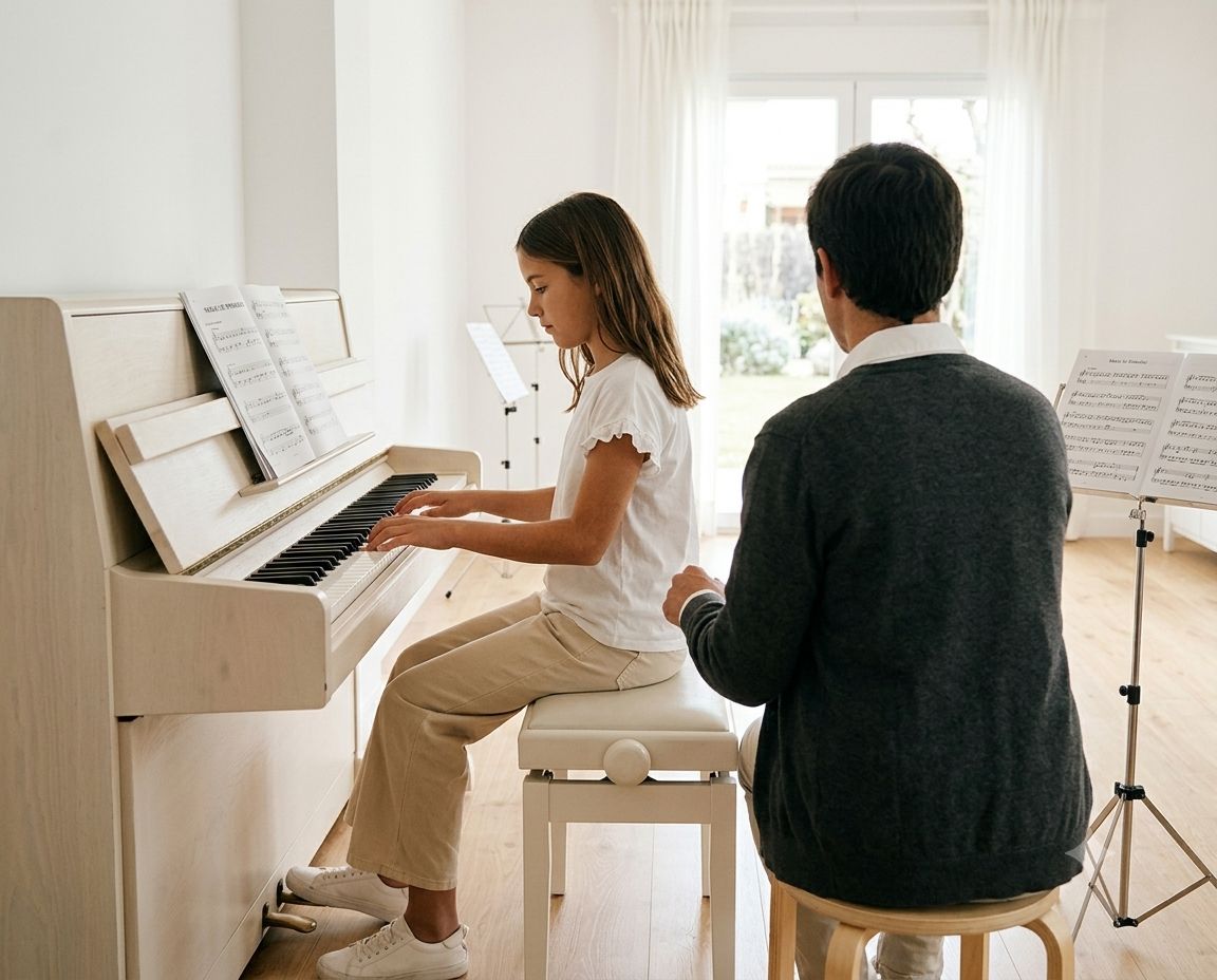 Estudiante practicando piano con una partitura
